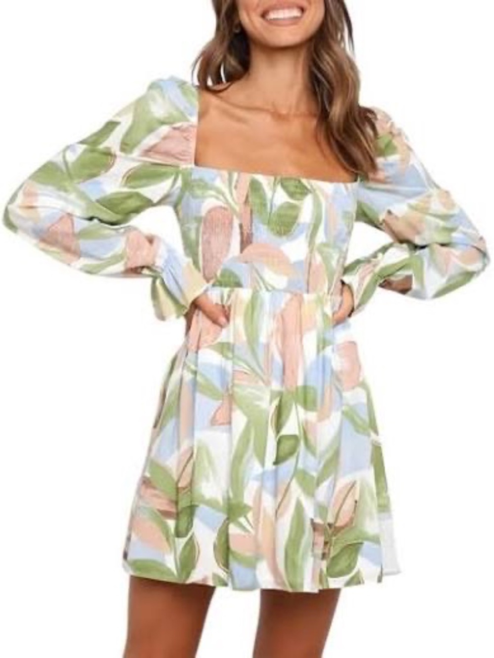 Girl And The Sun NWT Square Neck Floral Smocked Tunic/Mini Dress Sz XS